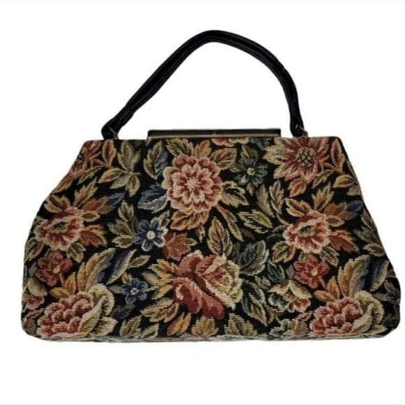 Vintage 50s Dover Floral Tapestry Needlepoint Carpet Bag Trapeziod Purse - Picture 1 of 10